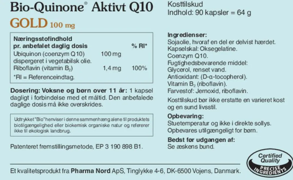 Pharma Nord Ingredienser>Bio-Quinone Aktivt Q10 Gold 100 mg