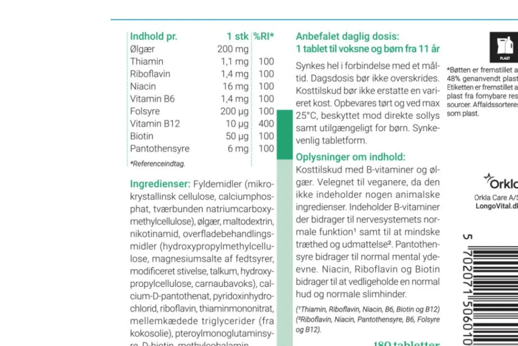 Longo Vital B-Vitamin<B-Vitamin - B-komplet, alle B-vitaminer + Ølgær