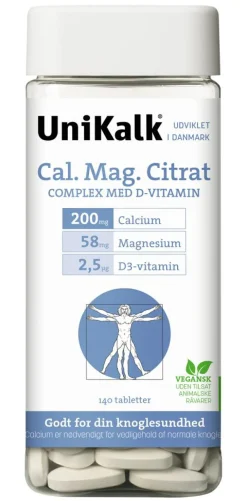 Unikalk D-Vitamin>Cal. Mag Citrat - Kalk 200 mg, Magnesium 58 mg og D-vitamin 2,5 µg