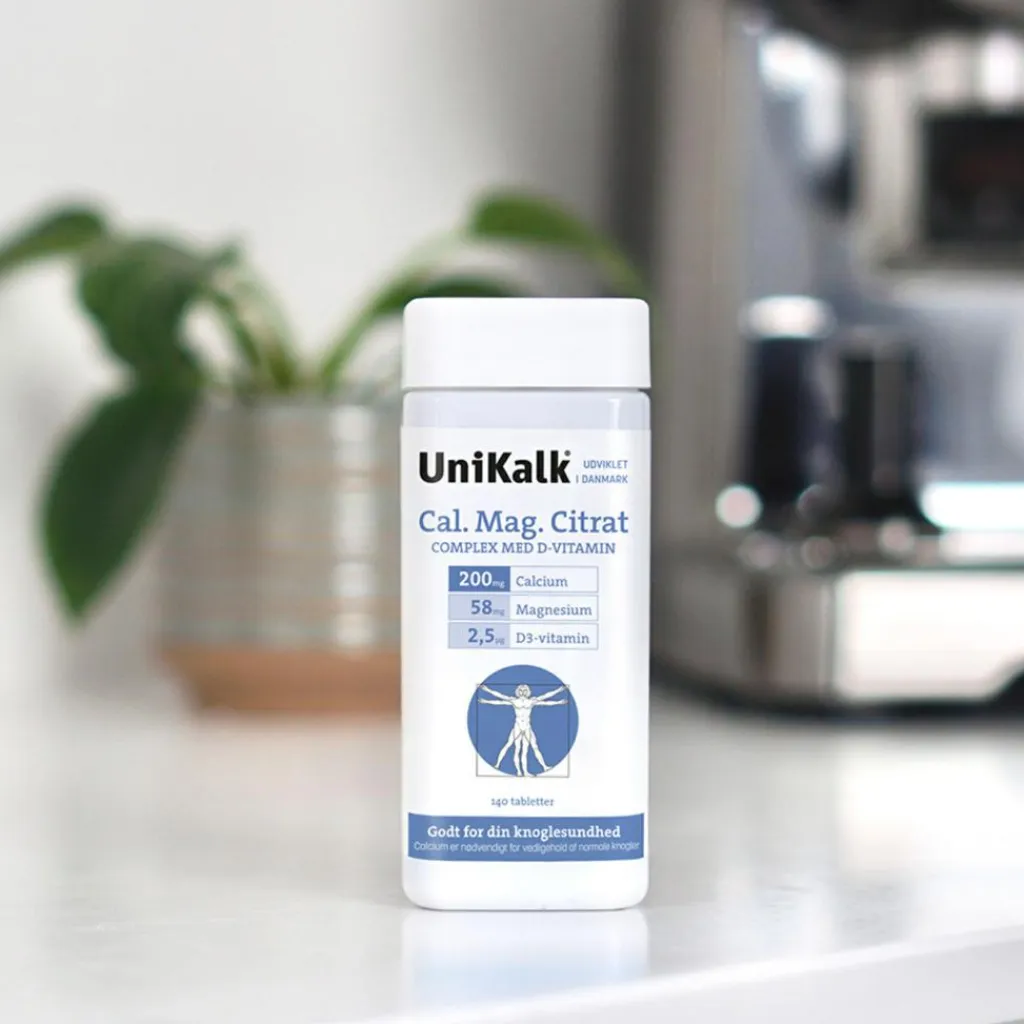 Unikalk D-Vitamin>Cal. Mag Citrat - Kalk 200 mg, Magnesium 58 mg og D-vitamin 2,5 µg