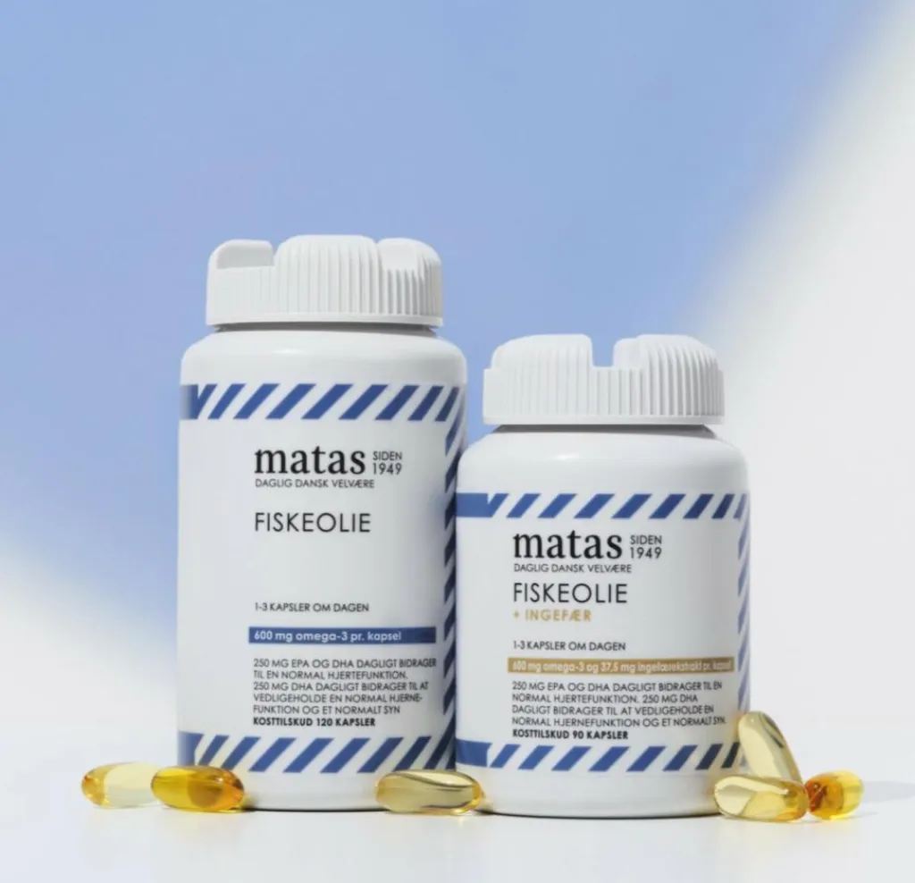 Matas Striber Fiskeolie m/ingefær 1000 mg< Ingredienser|Fiskeolie & Omega 3