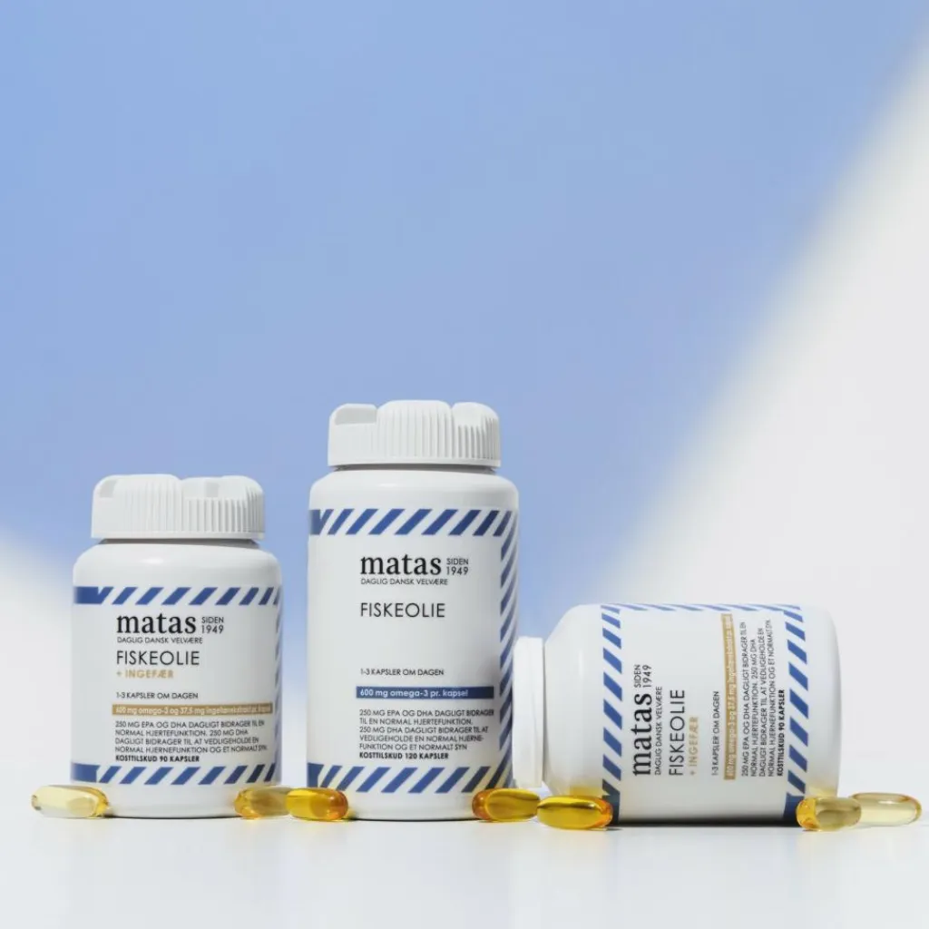 Matas Striber Fiskeolie m/ingefær 1000 mg< Ingredienser|Fiskeolie & Omega 3