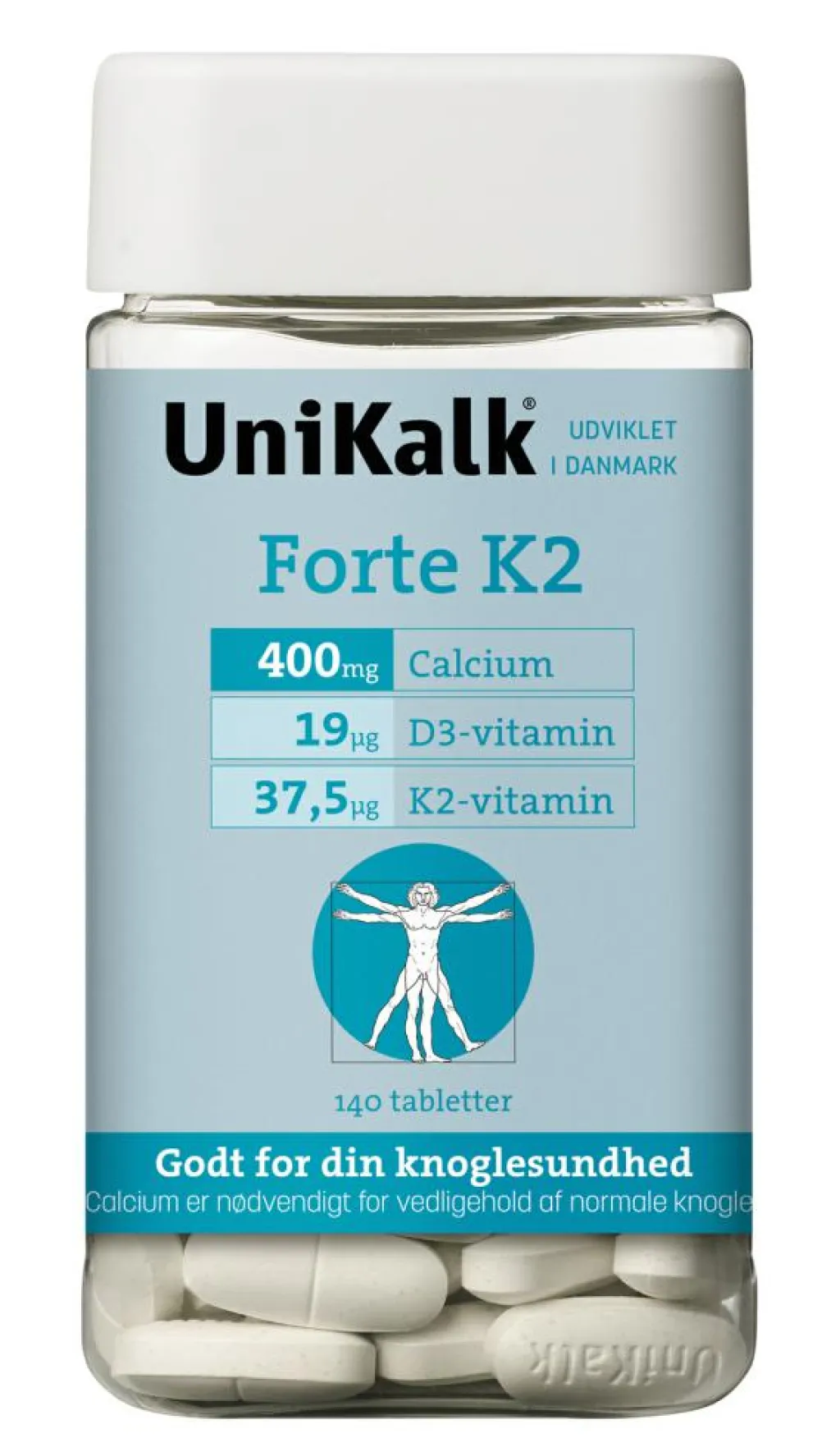 Unikalk Kalk<Forte K2 - Kalk 400 mg, K2 37,5 µg og D-vitamin 19 µg