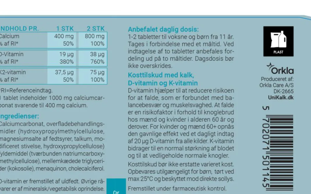 Unikalk Kalk<Forte K2 - Kalk 400 mg, K2 37,5 µg og D-vitamin 19 µg