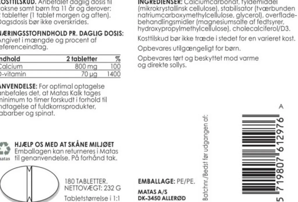 Matas Striber Kalk<Kalk 400 mg + D-vitamin 35 µg