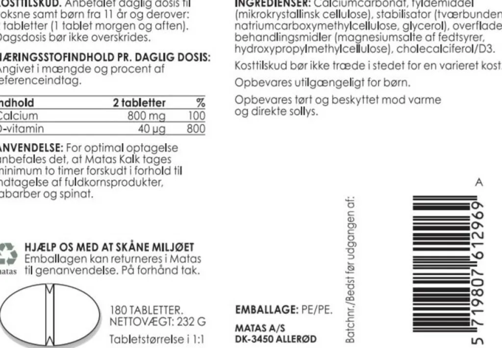 Matas Striber Kalk>Kalk 400 mg + D-vitamin 20 µg