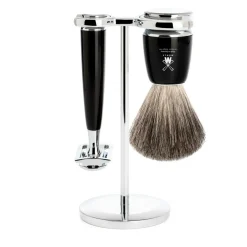 Mühle Shaving Skrabere & Blade>Mühle Barbersæt med DE-Skraber, holder, kost SORT