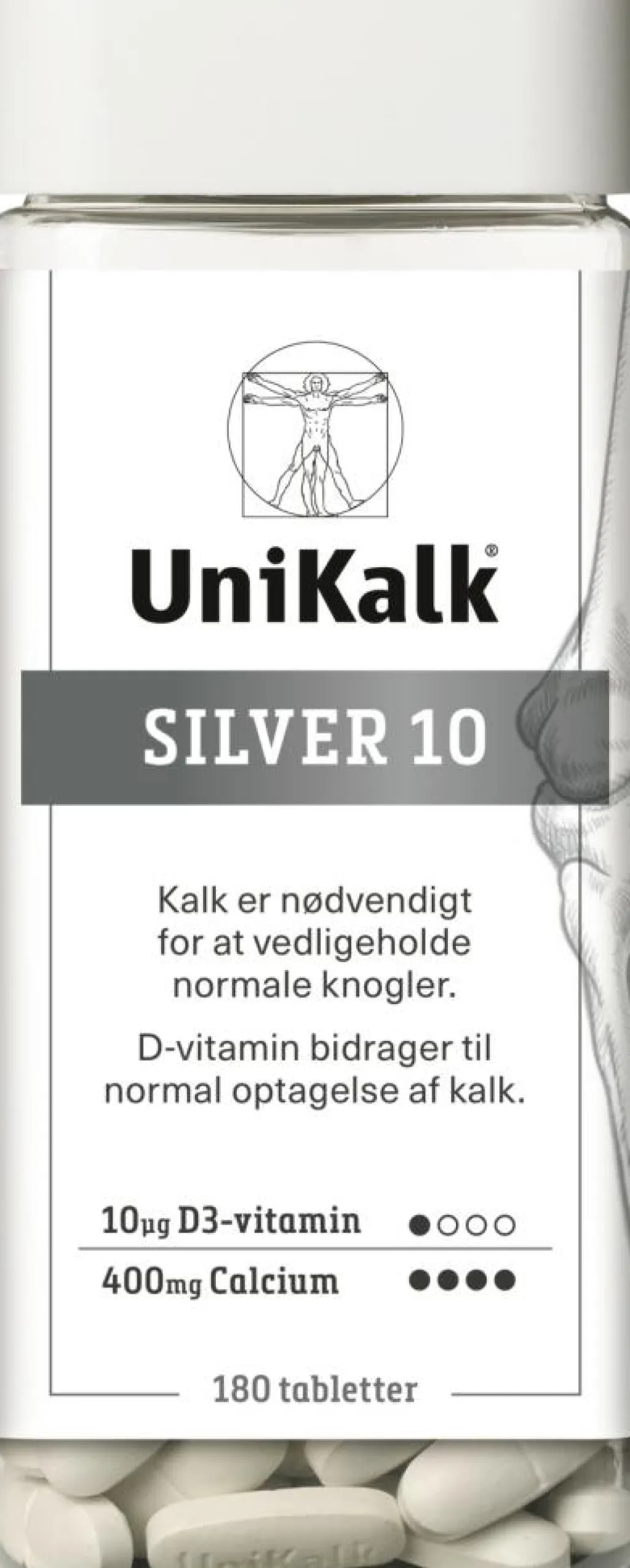 Unikalk Kalk|D-Vitamin<Silver 10, Kalk 400 mg og D-vitamin 10 µg