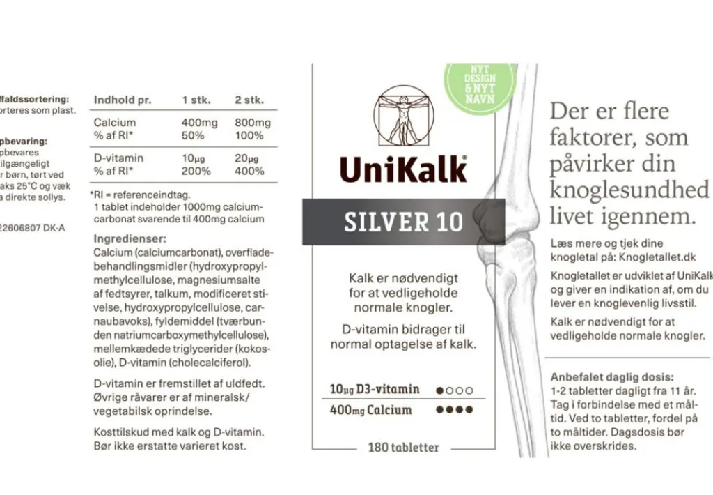 Unikalk Kalk|D-Vitamin<Silver 10, Kalk 400 mg og D-vitamin 10 µg