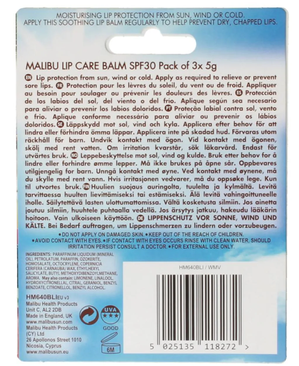 Malibu SPF 30 Lip Balm Sunscreen, Watermelon, Mint and Vanilla< Læbepleje
