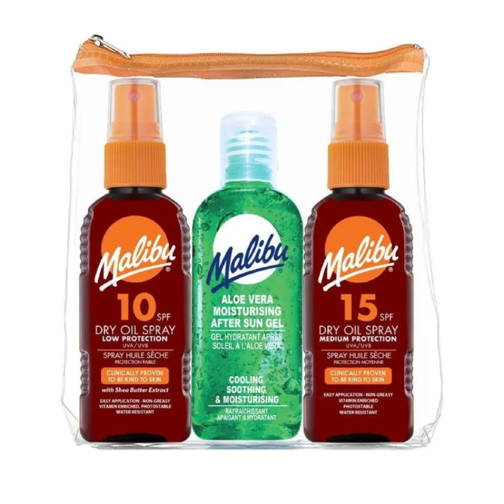 Malibu Rejsestørrelser>Travel Essentials, Dry Oil Sprays and Soothing Aloe Vera Aftersun Gel, Medi