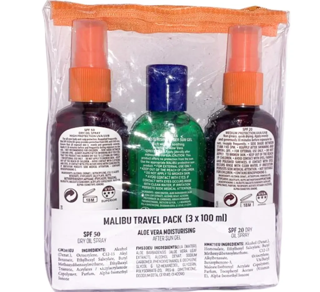 Malibu Rejsestørrelser<Travel Essentials, Dry Oil Sprays, Bronzing Tanning Oil and Soothing Aloe V