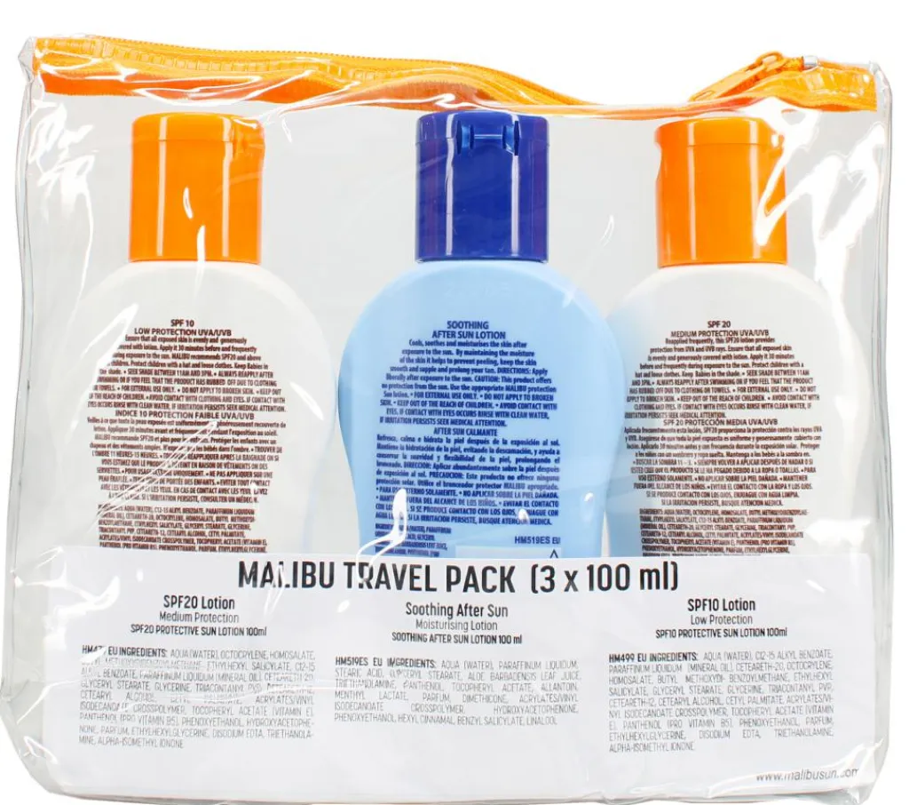 Malibu Travel Essentials, Sun Lotion and Soothing Aloe Vera Aftersun Lotion, Low t< Rejsestørrelser
