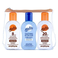 Malibu Travel Essentials, Sun Lotion and Soothing Aloe Vera Aftersun Lotion, Low t< Rejsestørrelser