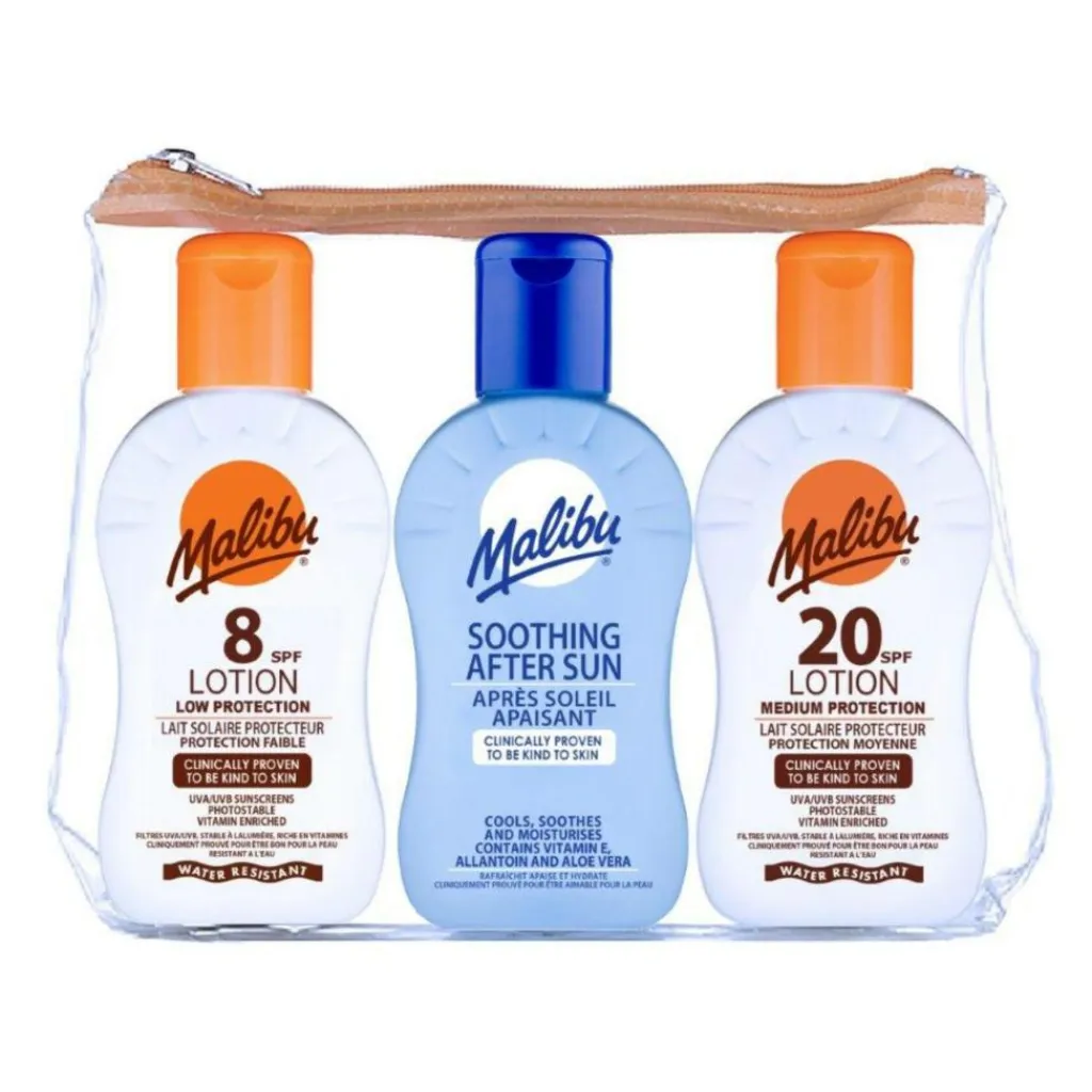 Malibu Travel Essentials, Sun Lotion and Soothing Aloe Vera Aftersun Lotion, Low t< Rejsestørrelser