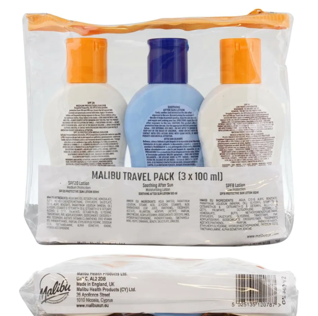 Malibu Travel Essentials, Sun Lotion and Soothing Aloe Vera Aftersun Lotion, Low t< Rejsestørrelser