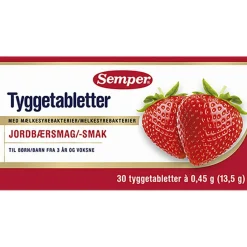Semper Mælkesyrebakterier Til Børn|Ingredienser<Tyggetabletter med Mælkesyrebakterier Jordbær