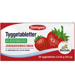 Semper Mælkesyrebakterier Til Børn|Ingredienser<Tyggetabletter med Mælkesyrebakterier Jordbær